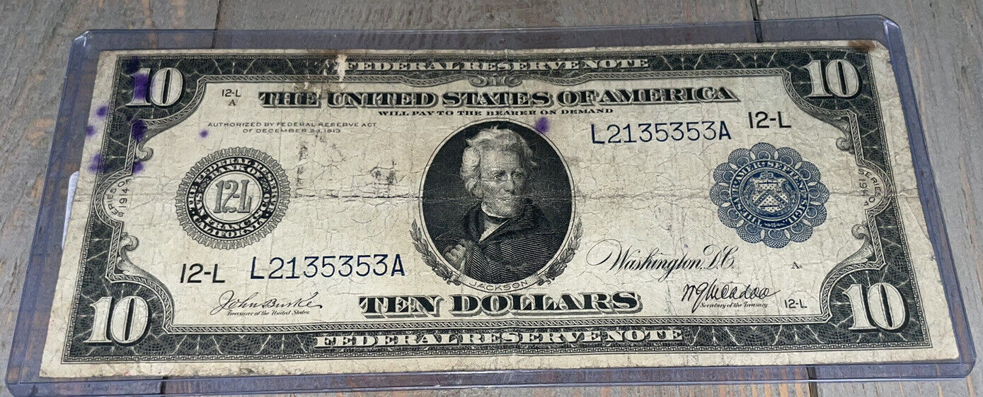 1914 Us $10 Federal Reserve Note, Blue Deal, San Francisco, Sku N056