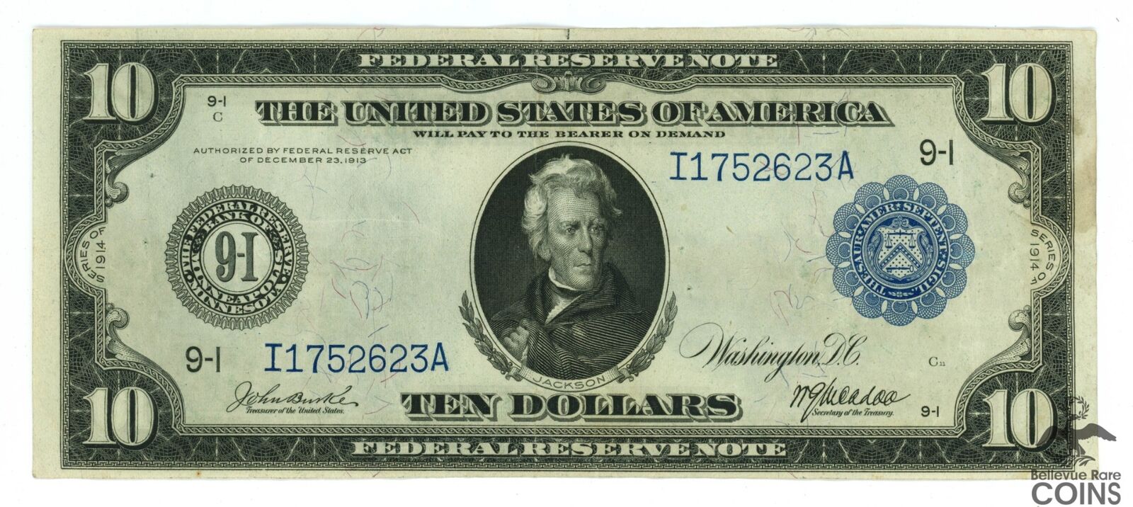 1914 United States $10 Federal Reserve Large Size Blue Seal Note Minneapolis