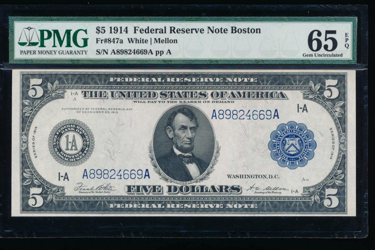 Ac Fr 847a 1914 $5 Boston Federal Reserve Note Pmg 65 Epq Gem Uncirculated