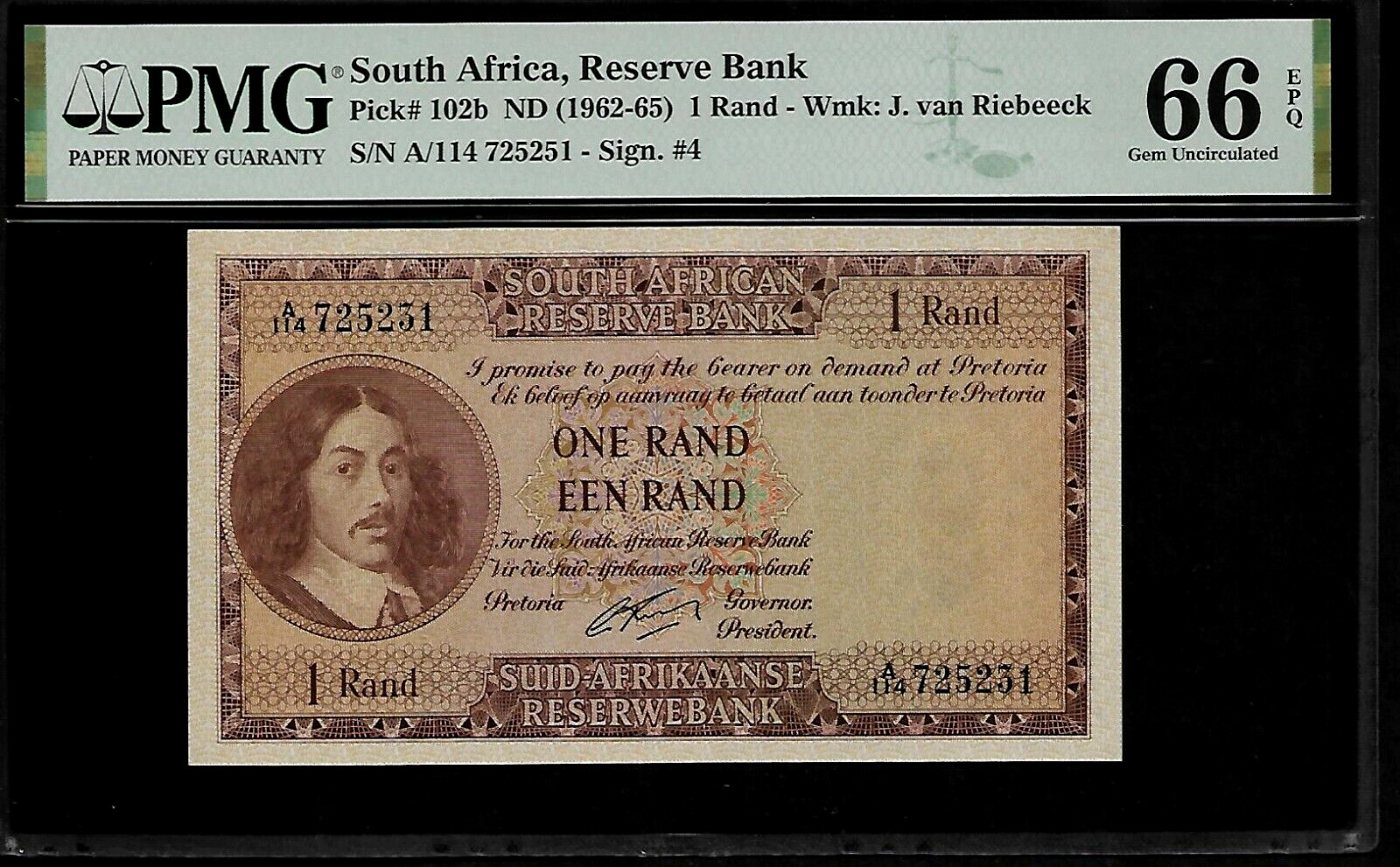 South Africa 1 Rand 1962-65 Pmg 66 Epq Unc Pick # 102b Series A/114