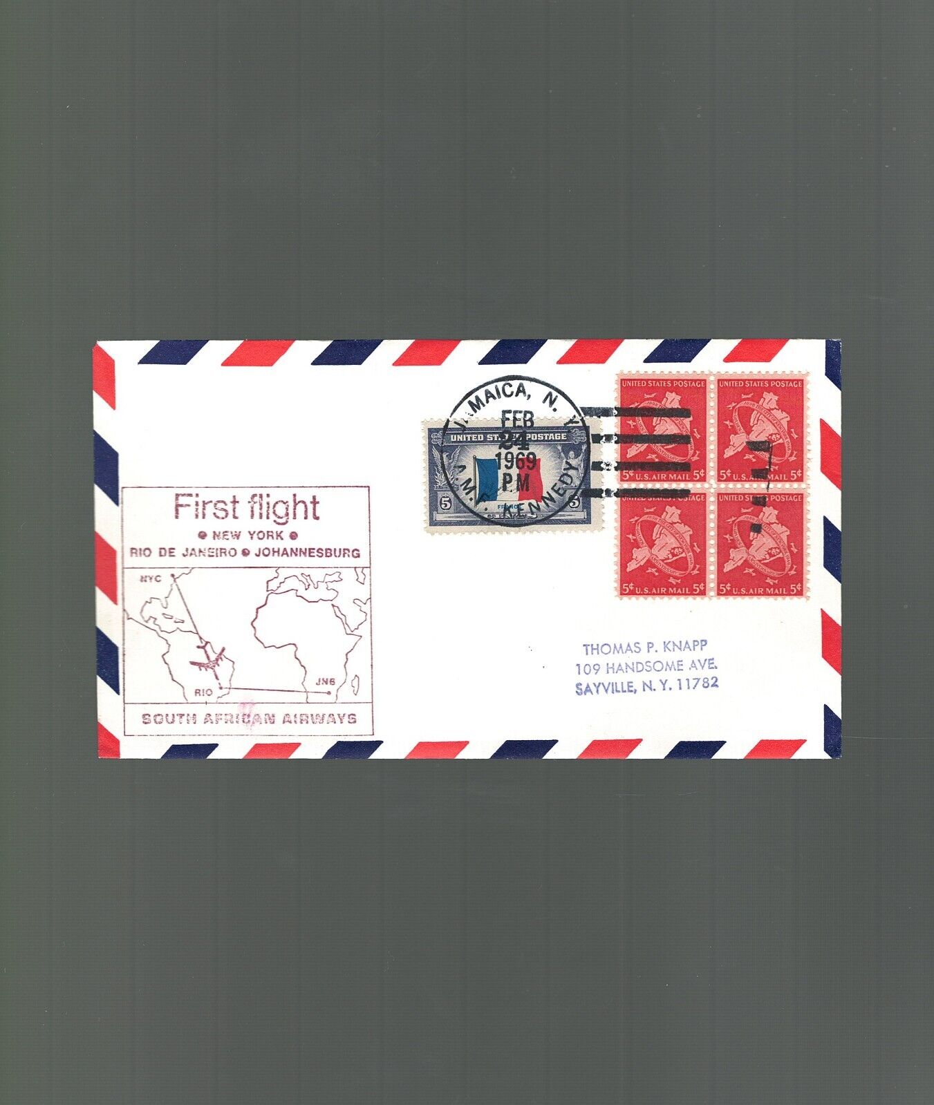 Us First Flight Cover Ny To Johannesburg 1969 Red Cachet South African Airways