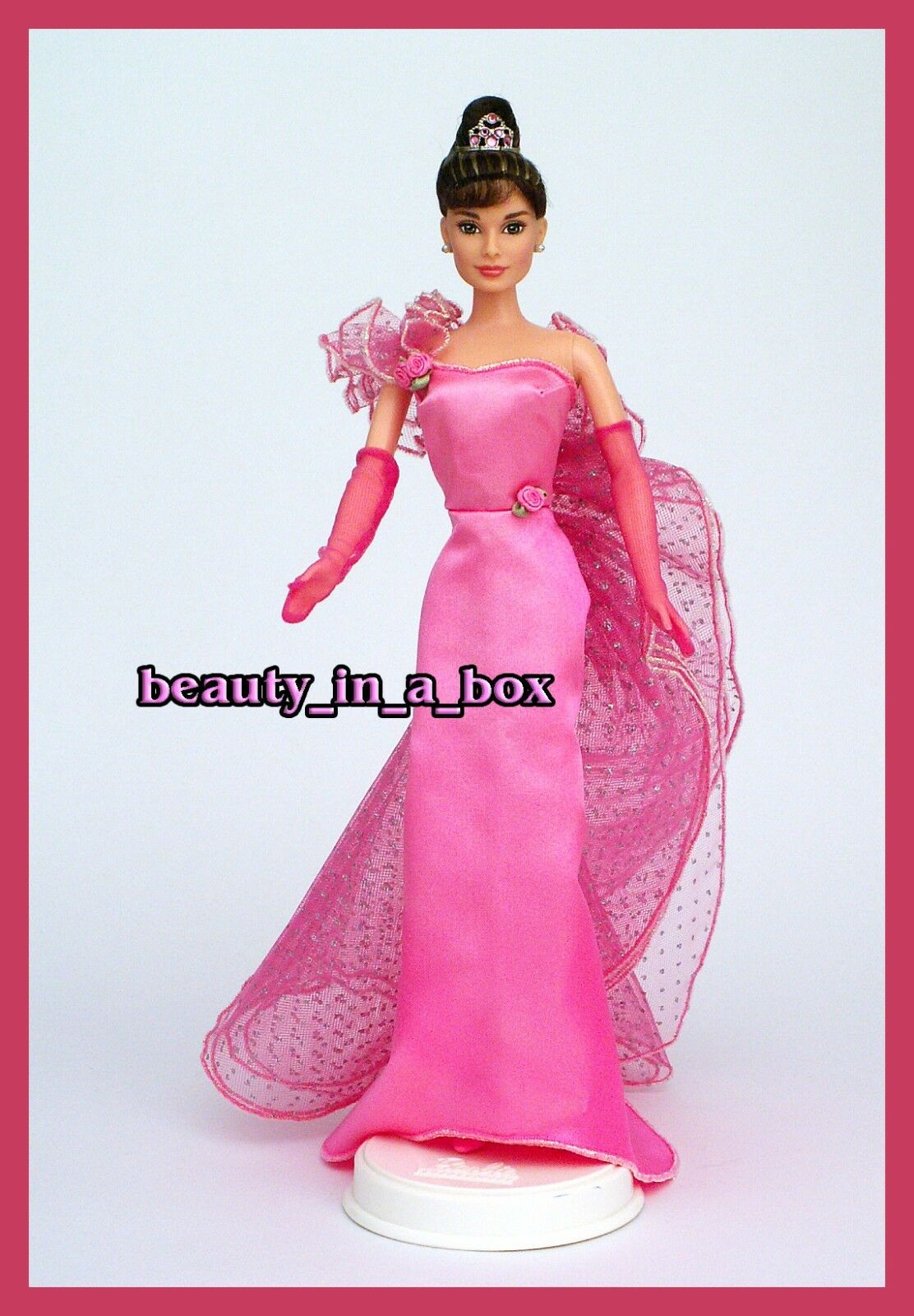 Audrey Hepburn Barbie Doll Pink Satin Gown Ooak Celebrity Redress Tiara No Box