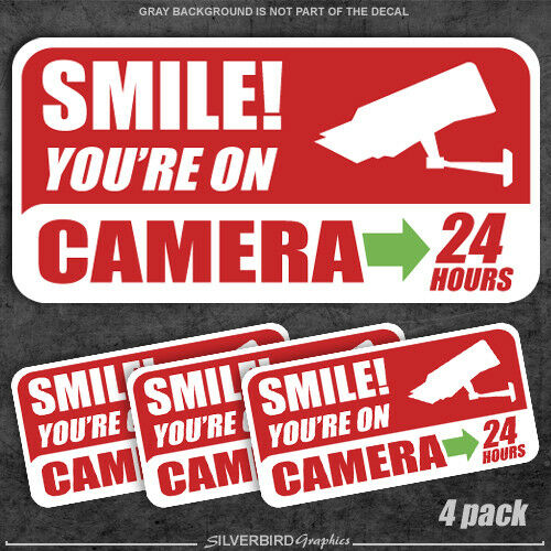 4 Pack - Smile You're On Camera - Stickers Security Warning Alarm Window Decal