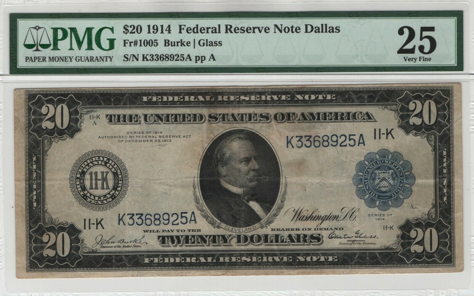1914 $20 Federal Reserve Note Currency Dallas Glass Fr.1005 Pmg Very Fine 25