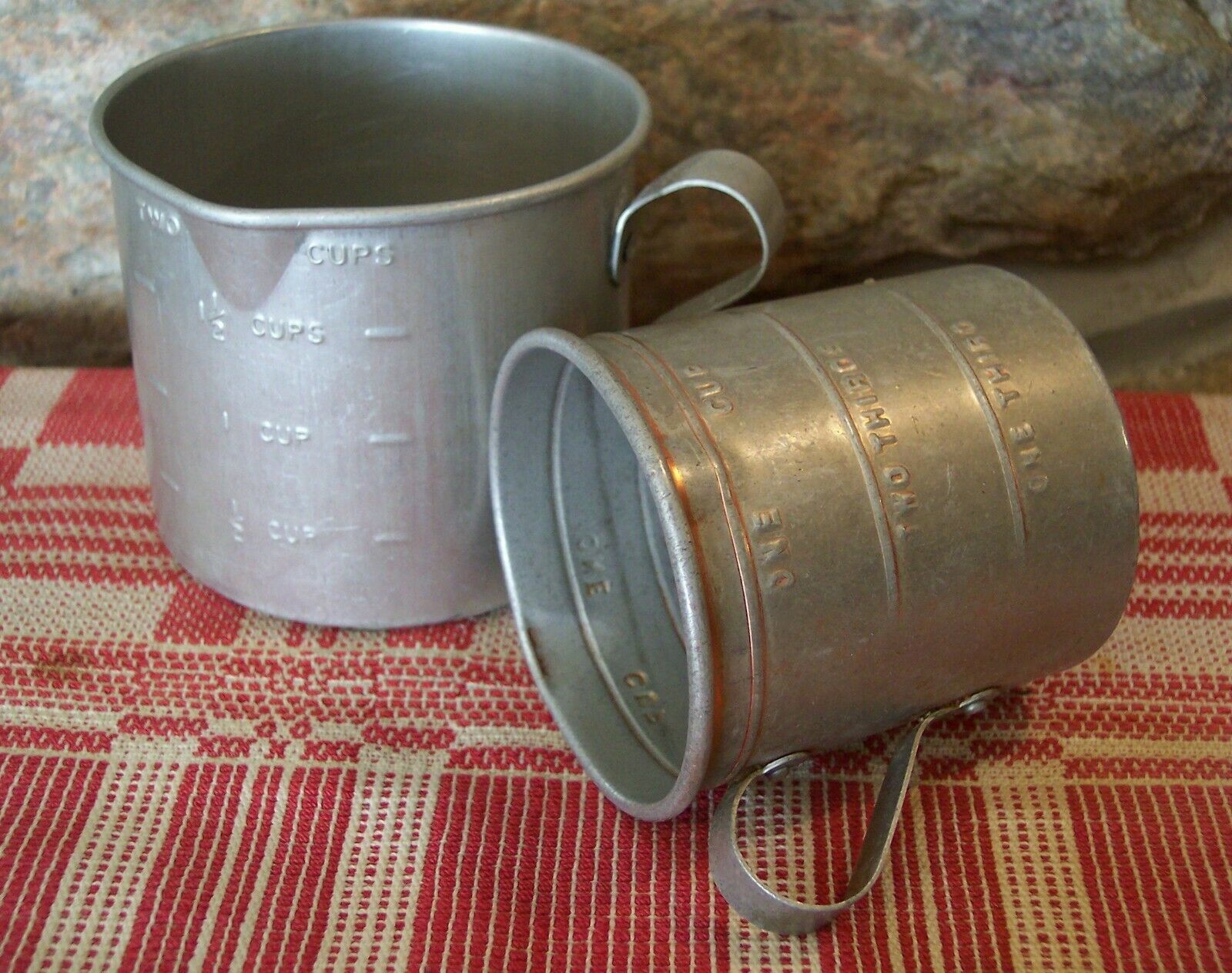 2 Vintage Aluminum Kitchen Farm Measuring Cups
