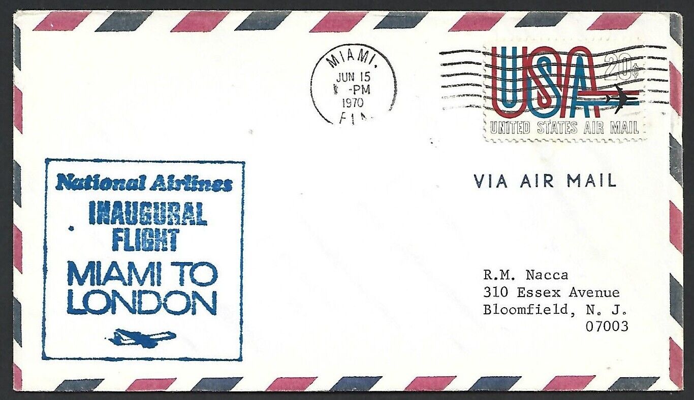 Usa 1970 National Airlines Inaugural Flight Miami To London Ffc