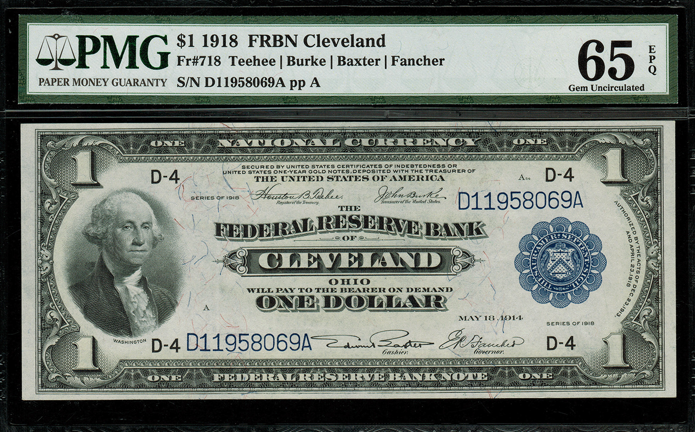 1918 $1 Federal Reserve Bank Note Cleveland Fr-718 - Pmg 65 Epq - Gem Unc.