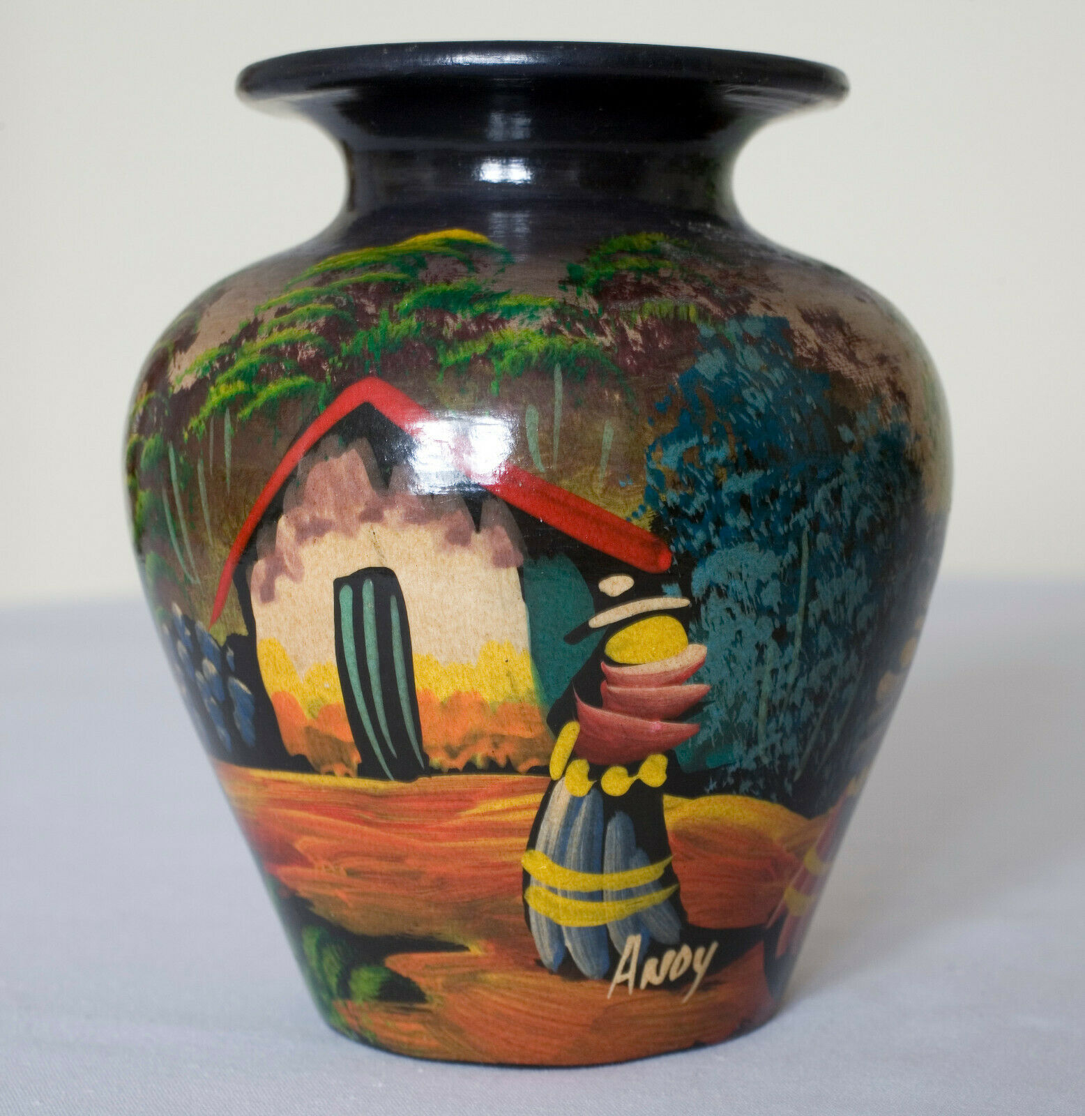 Hand-painted South American Primitive Pot / Vase - Signed " Andy "
