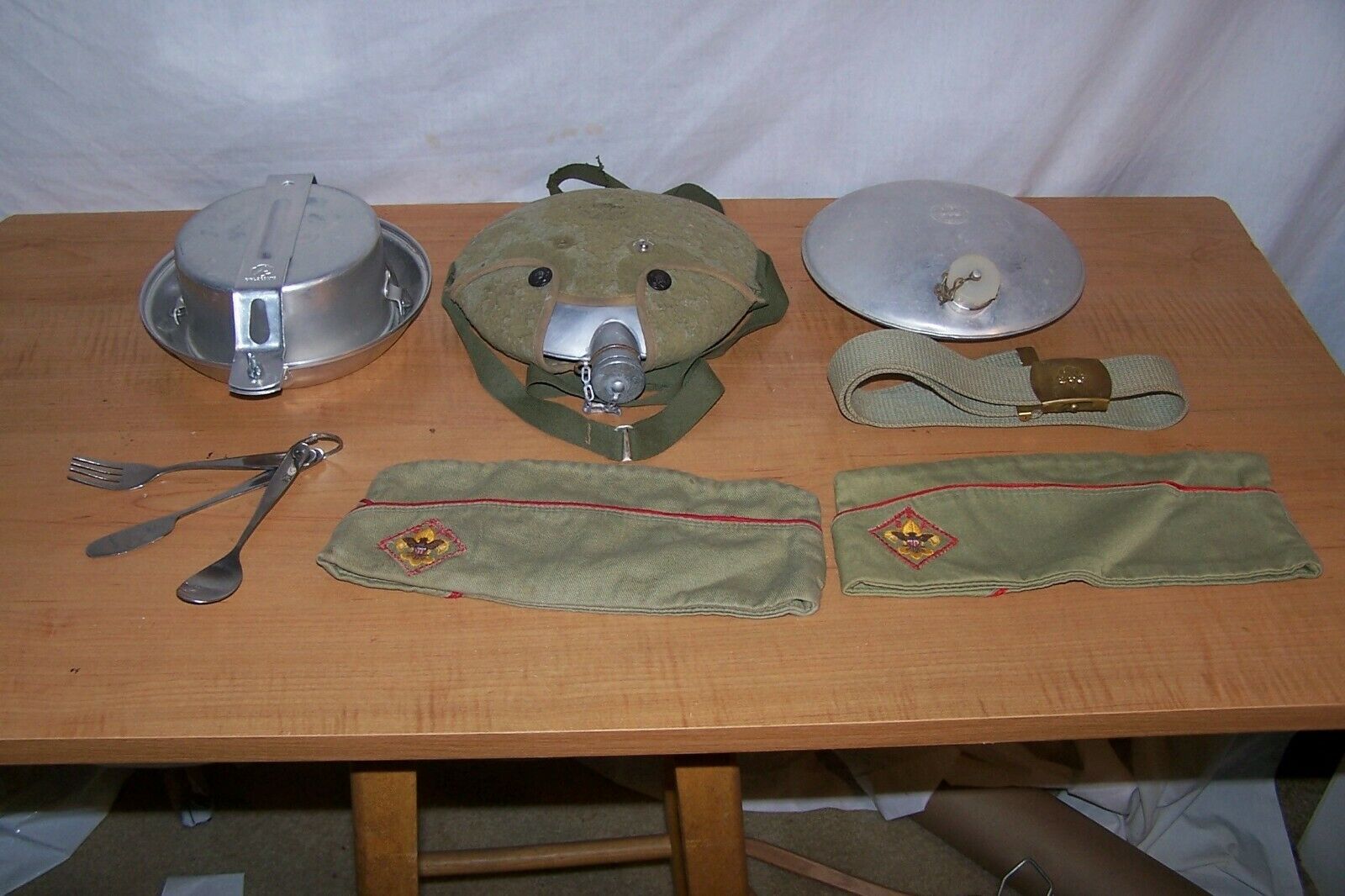 Vintage Boy Scout Gear,hats,belt,canteens, Cooking Pots,knife Fork &spoon.