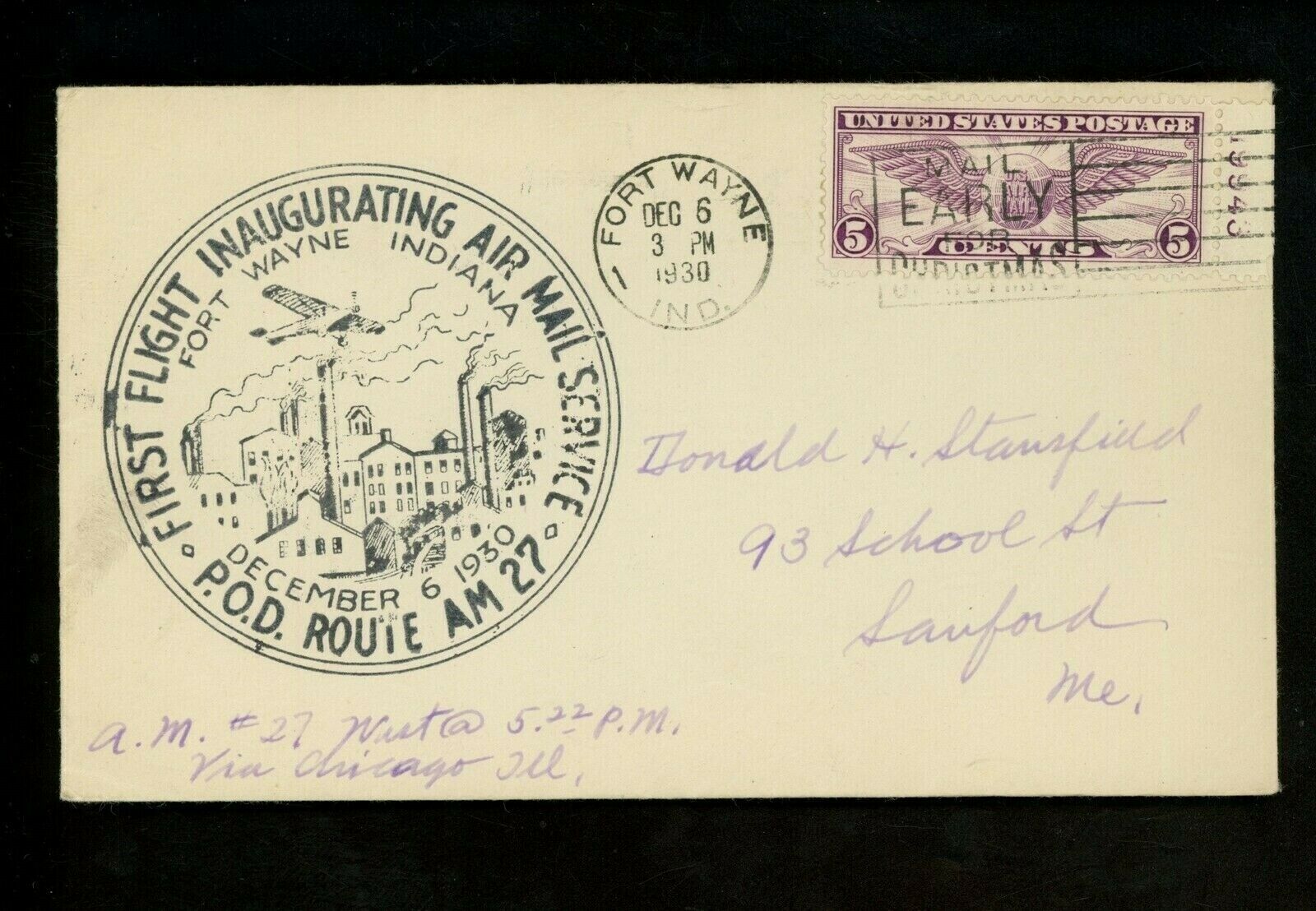 Us Postal History Airmail Cam 27 Fort Wayne In 12/6/1930 Aamc #27w34