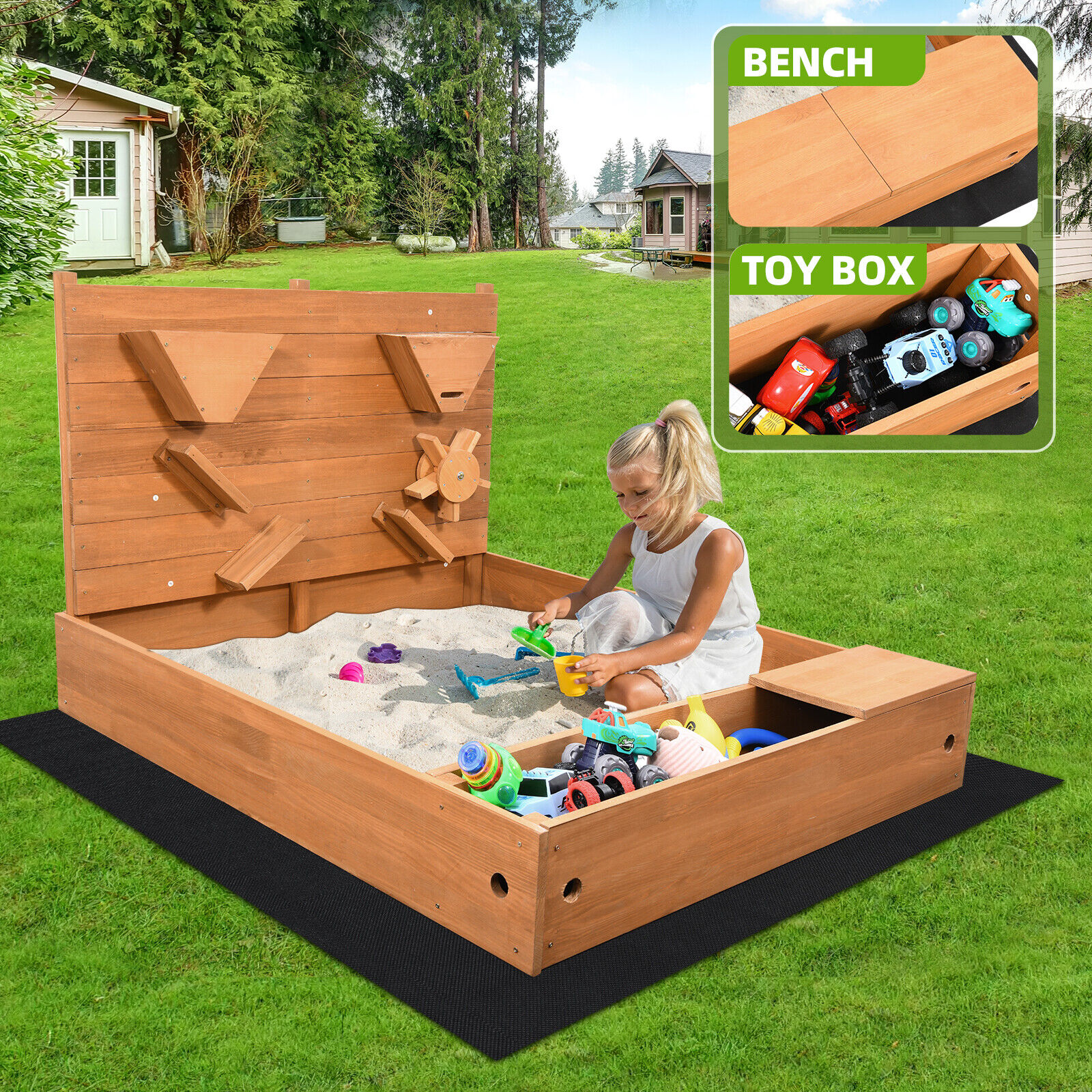 Kids Wooden Sandbox W/ Waterproof Cover Outdoor Backyard Toddler Sand Box Toys