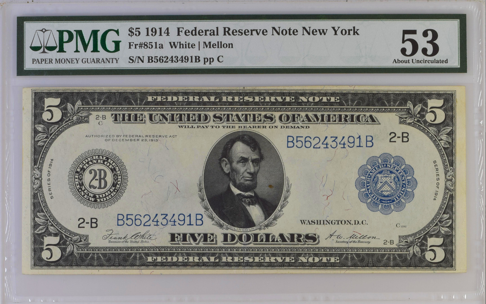 Fr#851a Federal Reserve Note $5 1914 White/ Mellon Pmg 53 (2-b)
